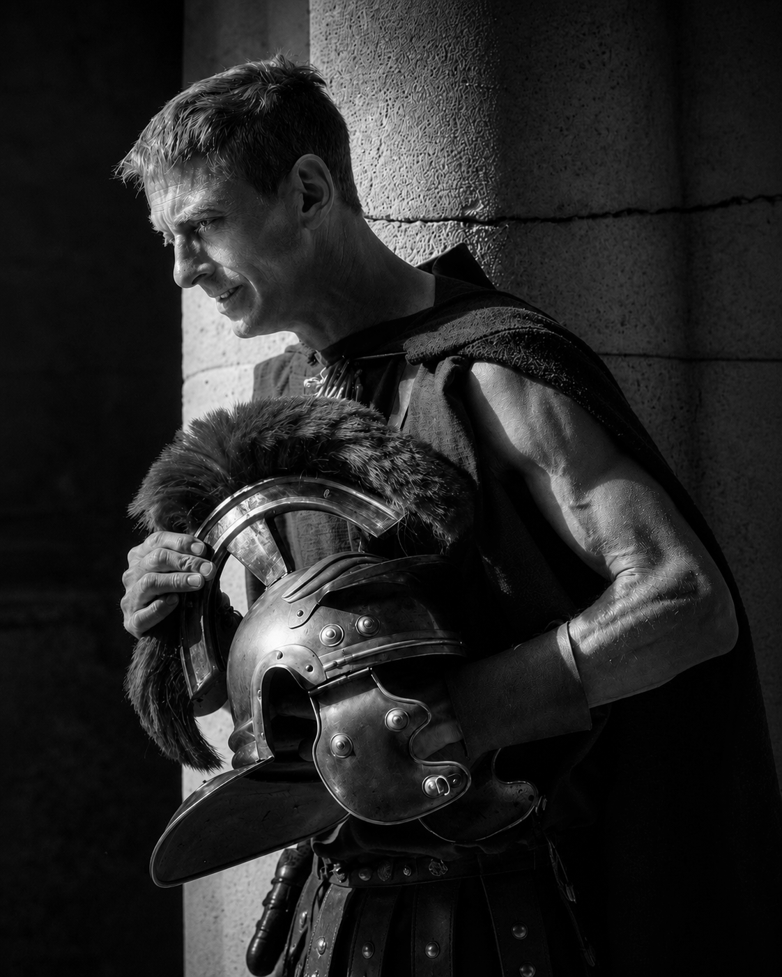 Black-and-white portrait of a Roman performer holding a helmet
