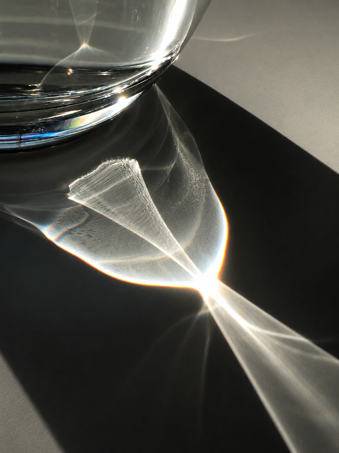 Refracted light beneath a glass of water