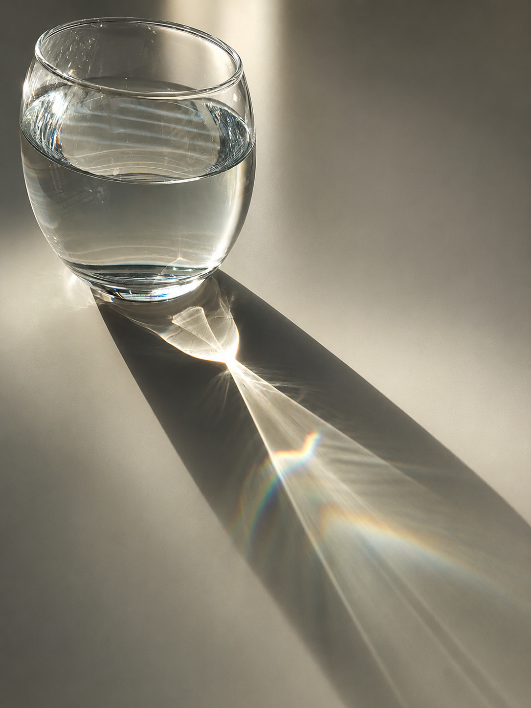 Glass of water casting prismatic light